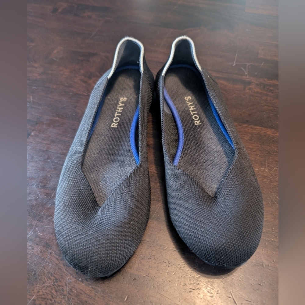 Rothy's Black "Round Toe" Flats with Blue/White Trim, Women's 9